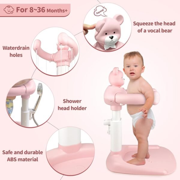Baby Shower Stand, Adjustable Anti-Slip Baby Shower Standing Support, Soporte para Bañera de Bebé, Ideal Gift with Squeaky Bear for Infants 8-36 Months (Pink) - Image 2
