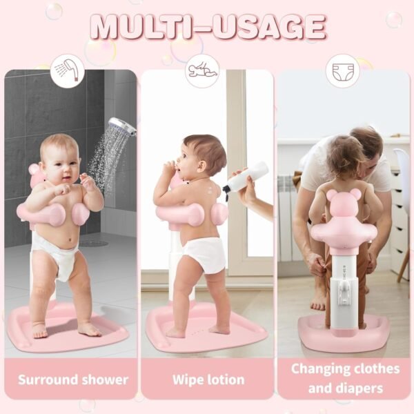 Baby Shower Stand, Adjustable Anti-Slip Baby Shower Standing Support, Soporte para Bañera de Bebé, Ideal Gift with Squeaky Bear for Infants 8-36 Months (Pink) - Image 3